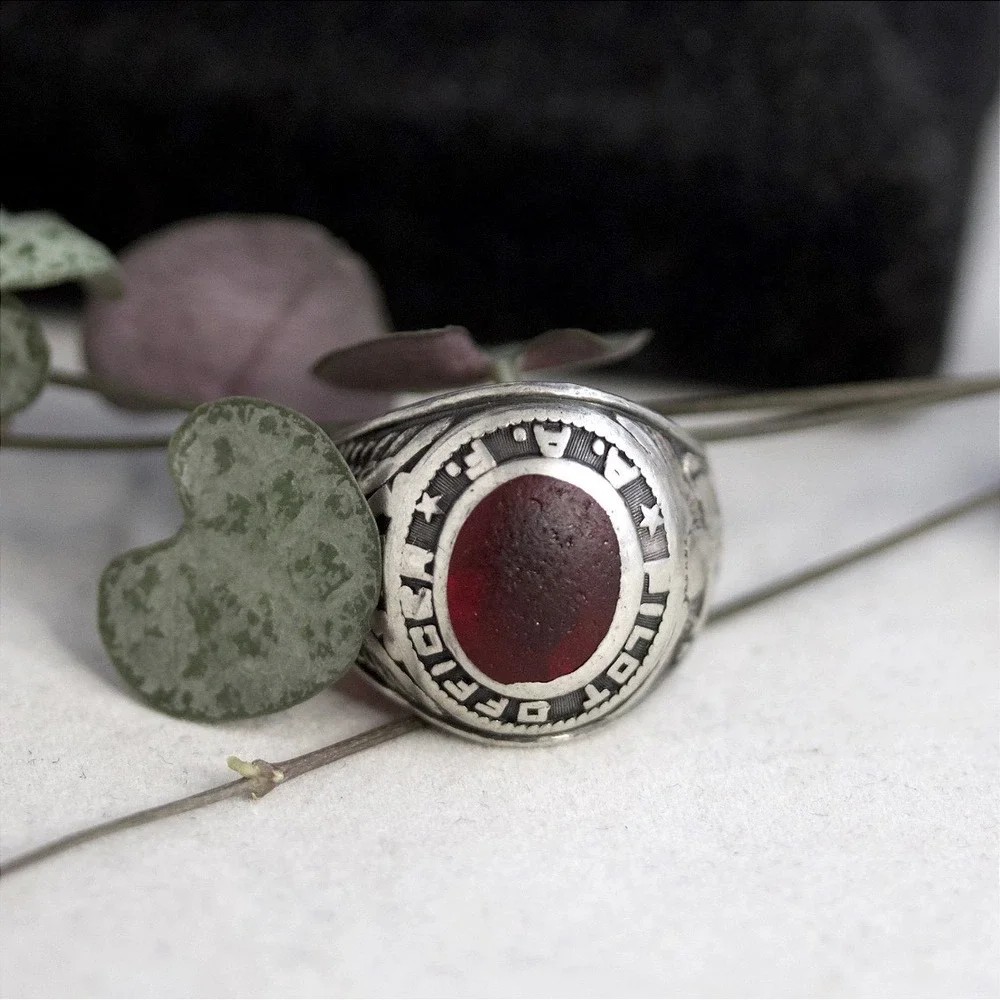 Vintage AAF Pilot Officer Sterling Silver Red Stone Signet Ring HJ Size 9.5
